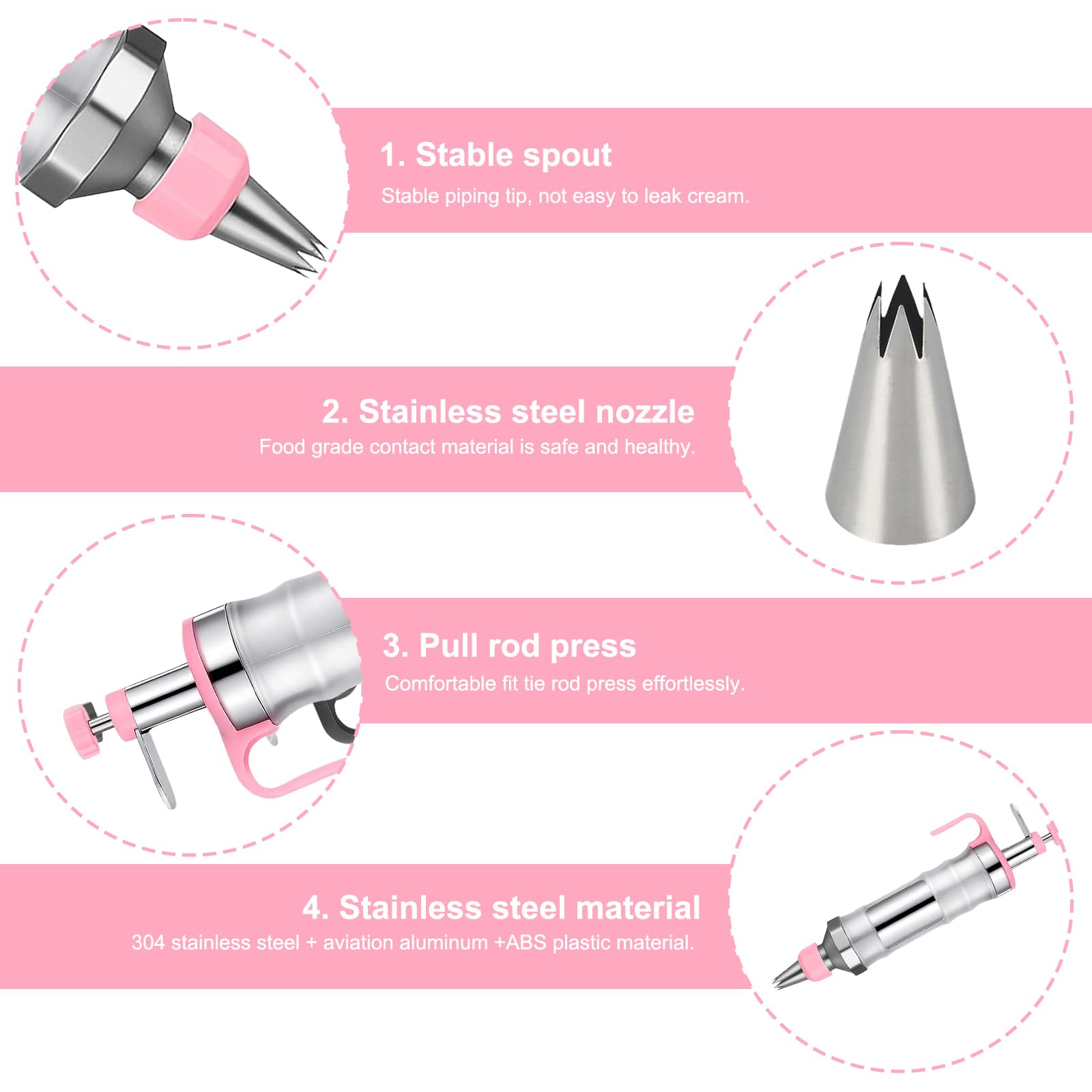 Seringue à gâteau en acier inoxydable avec 6 douilles, seringue à crème professionnelle, réutilisable, accessoire de pâtisserie pour décoration de gâteaux, beignets, cupcakes, pâtisseries (rose)