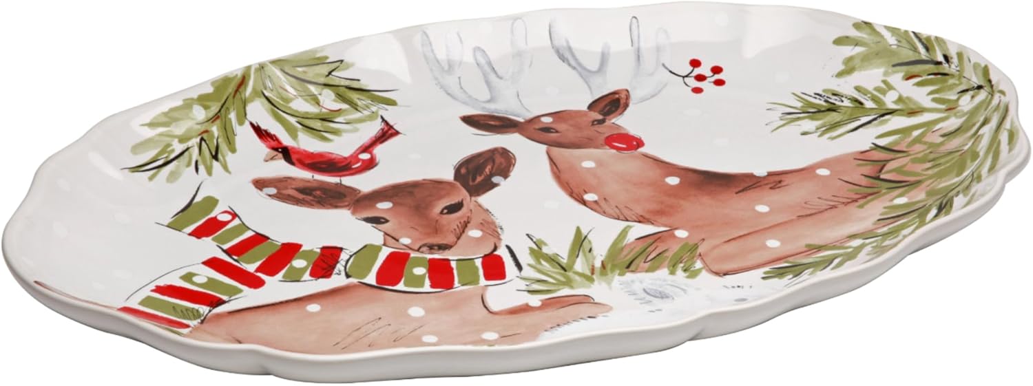 Casafina Ceramic Stoneware 20'' Oval Platter - Deer Friends Collection, White | Microwave, Dishwasher, Oven & Freezer Safe Dinnerware | Food Safe Glazing | Restaurant Quality Serveware