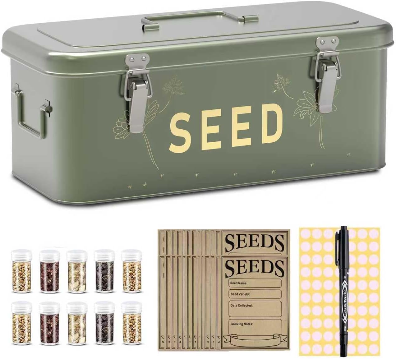Orionstar Seed Storage Organizer, Metal Seed Saving Box with Lid, 30 Slots, 4 Compartments with Safety Locks, Includes 30 Seed Envelopes, Marker Pen, Label Sticker, Blackish Green
