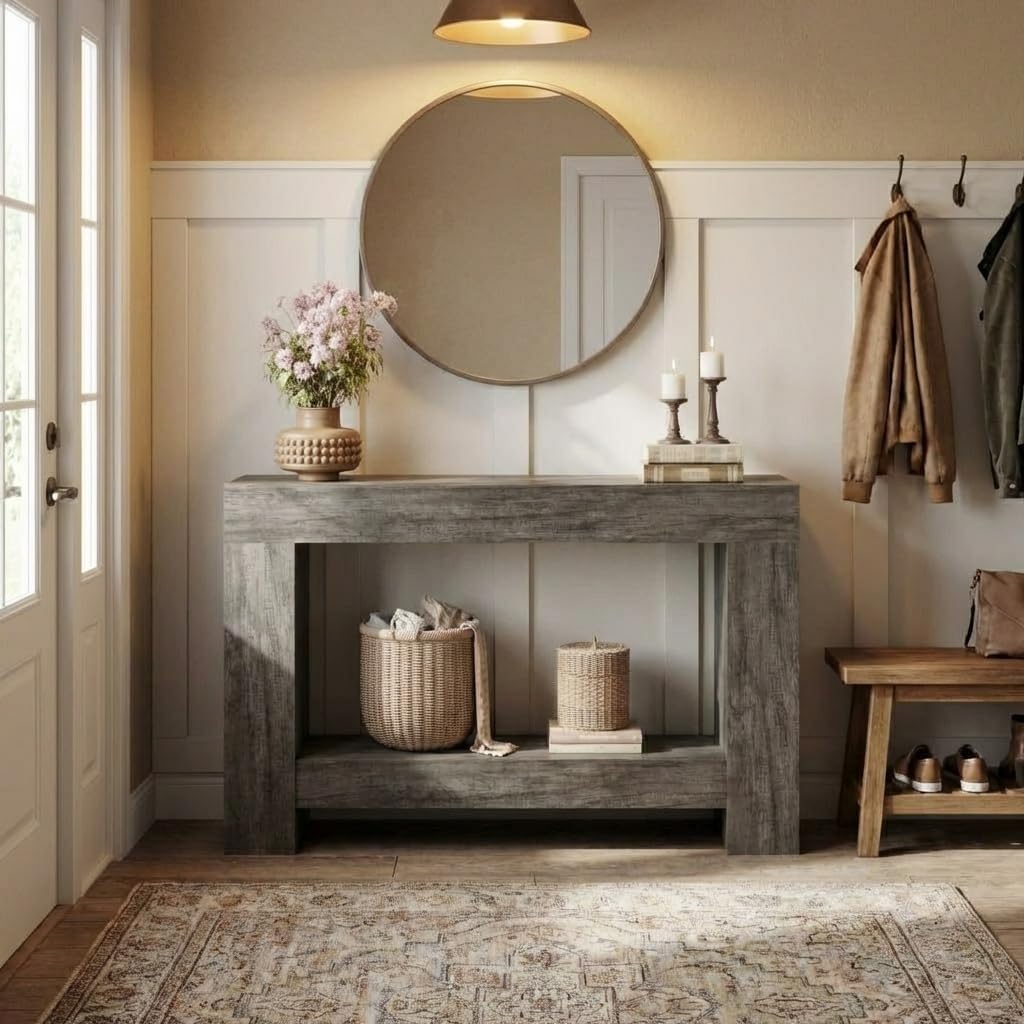 47" Farmhouse Console Table for Entryway - 2-Tier Storage Shelf, Rectangular Sofa Table for Living Room & Hallway, Heavy-Duty Accent Table Behind Couch