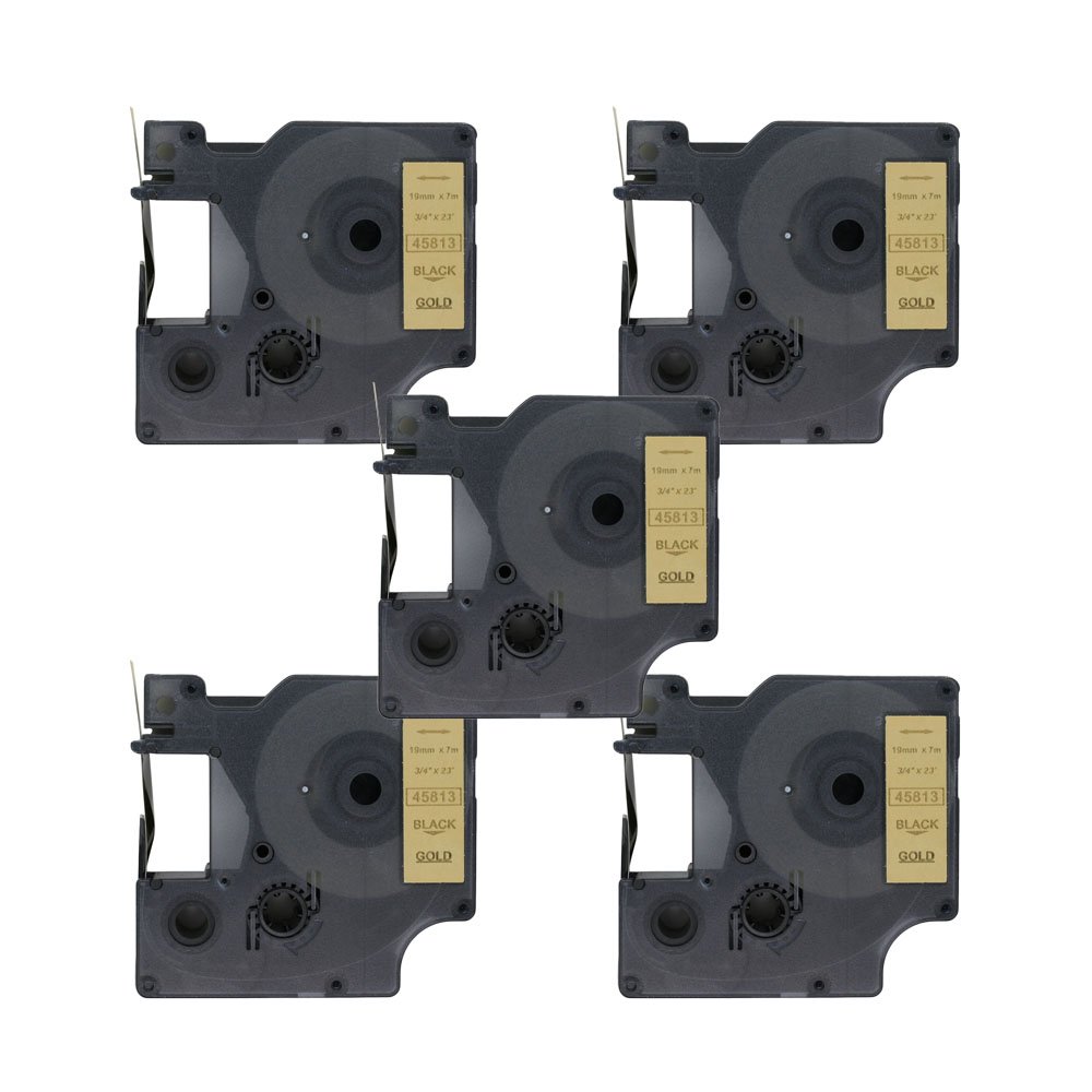 BROVACS 5 Pack Black on Gold Label Tape Compatible for DYMO D1 45813 19mm 3/4" OPA2313x5