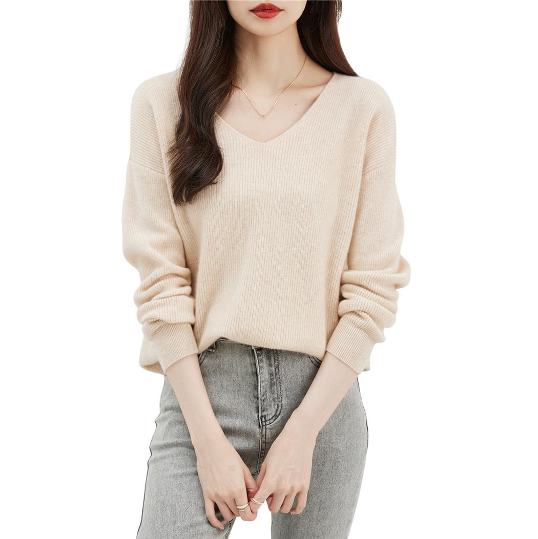 Maglione da donna con scollo a V, in lana, tinta unita, a maniche lunghe, caldo, morbido, lavorato a maglia