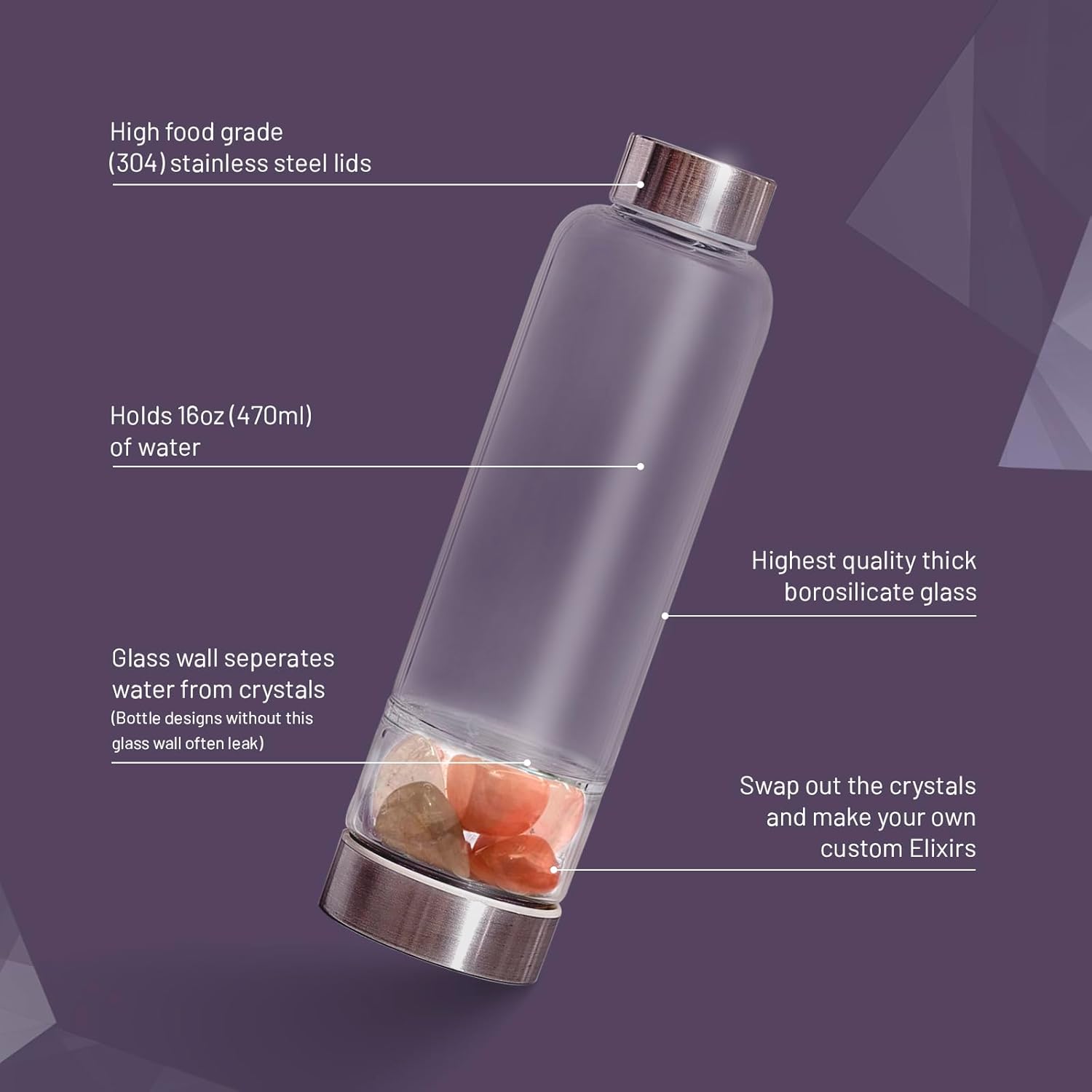 Crystal Water Bottle Elixir Set | Genuine Authentic Rose Quartz & Clear Quartz Healing Gemstones | Black Neoprene Sleeve | Drink Gem Infused Water