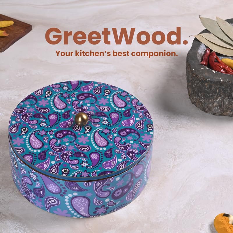 Image of Wooden Masala Box for Kitchen - 7 Stainless Steel Jars with Wooden Spoon | Stainless Steel Brass Lid with Knob | Multipurpose Dry Fruit & Spice Storage - Purple (Printed)