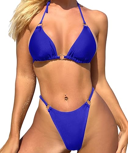 Miniatura 2 de Bikini sexy para mujer, 2 piezas, con tirantes delgados, color sólido, traje de baño triangular