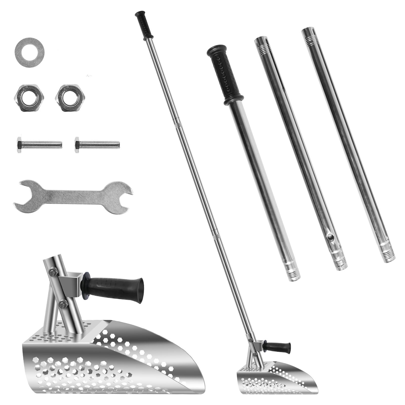 Sand Scoop for Metal Detecting, 304 Stainless Steel Rustproof Beach Shovel, Heavy Duty Metal Detecting Sand Scoop with Removable Long Handle, Digging Tools for Sand Sifting and Treasure Hunting