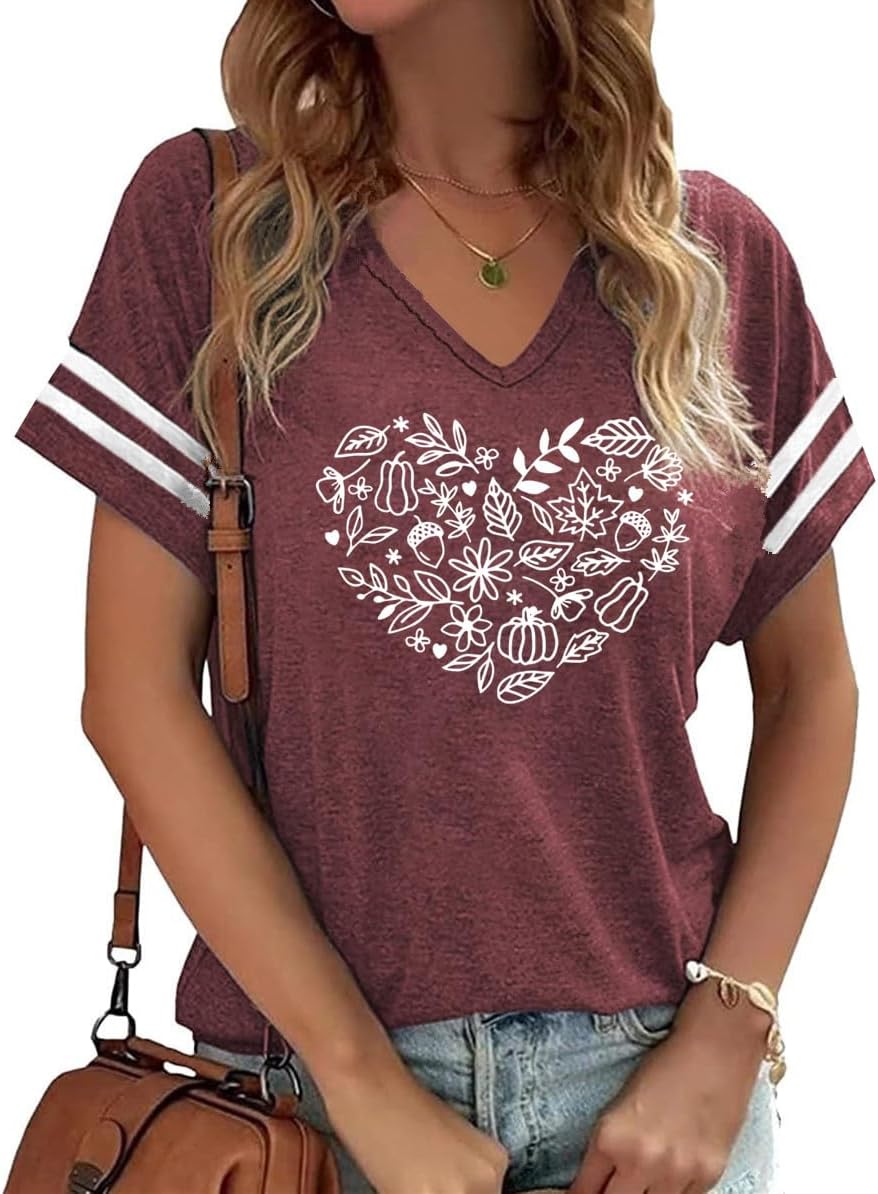 Halloween Shirts for Women V Neck Fall T Shirts Autumn Pumpkin Graphic Tee Thanksgiving Tops