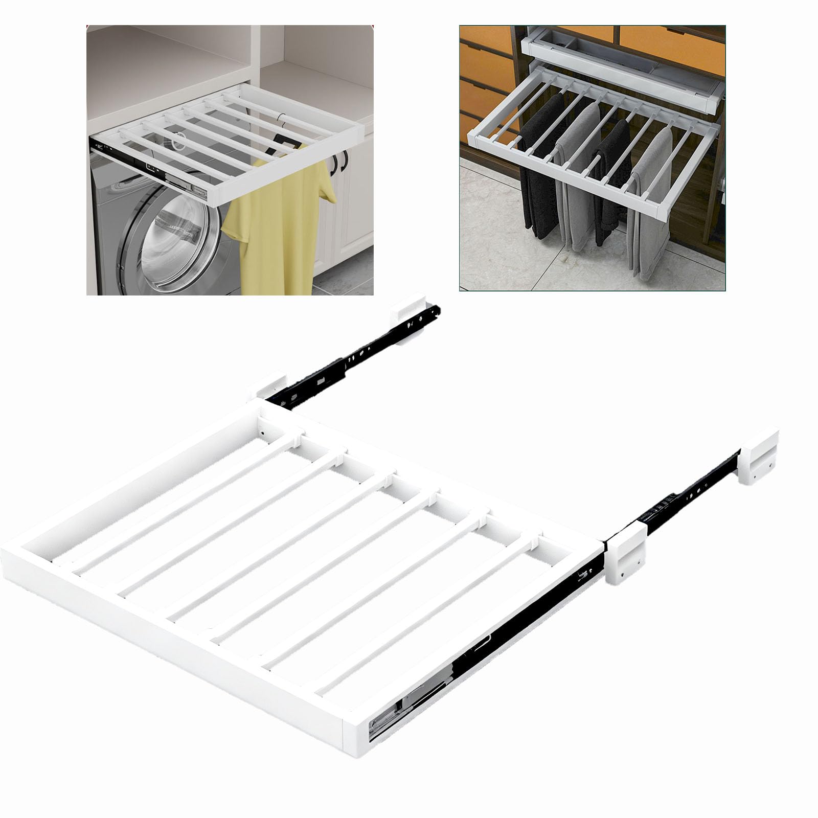 WOTZOV Adjustable Pull Out Trouser Rack For Wardrobe Aluminium Alloy Pants Fits Above Washing Machine Perfect For Bedroom Closet W: 61，D: 44cm (17.32in) W: 61 66cm(24.01 25.98 in)