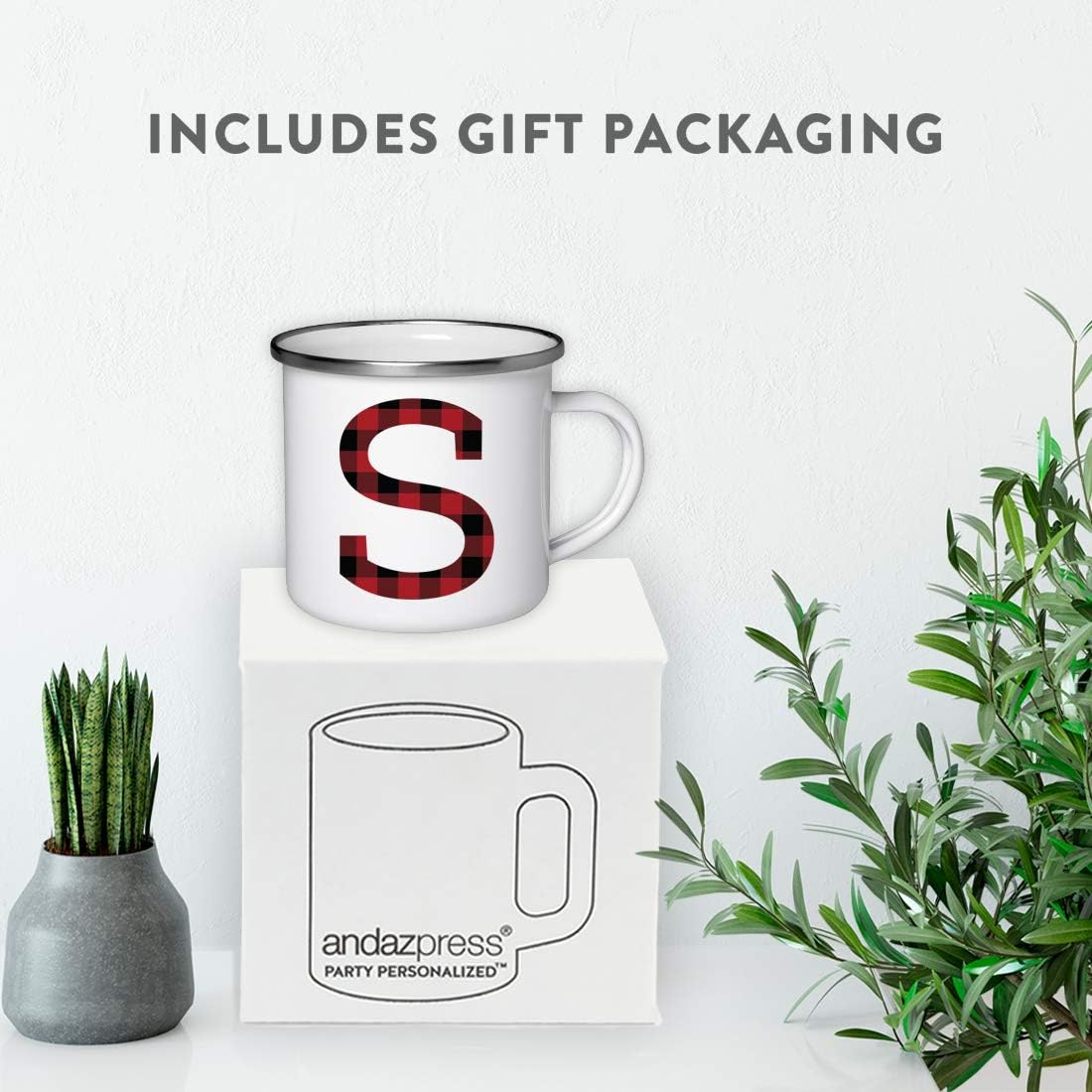 Grеаtеѕt Prоduсt Andaz Press 11oz. Stainless Steel Campfire Coffee Hot Chocolate Mug Gift, Buffalo Red Plaid Monogram Initial Letter S, 1-Pack, Birthday Christmas Outdoors Metal Enamel Camping Camp Cup