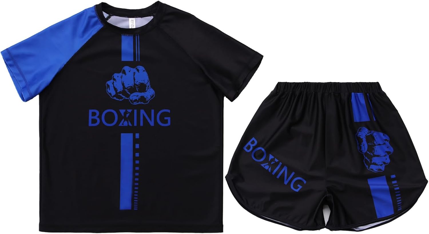 Jugaoge Kids Boys Boxing Outfit Kickboxing Training Suit Athletic Shirts with Muay Thai Boxer Trunks Set