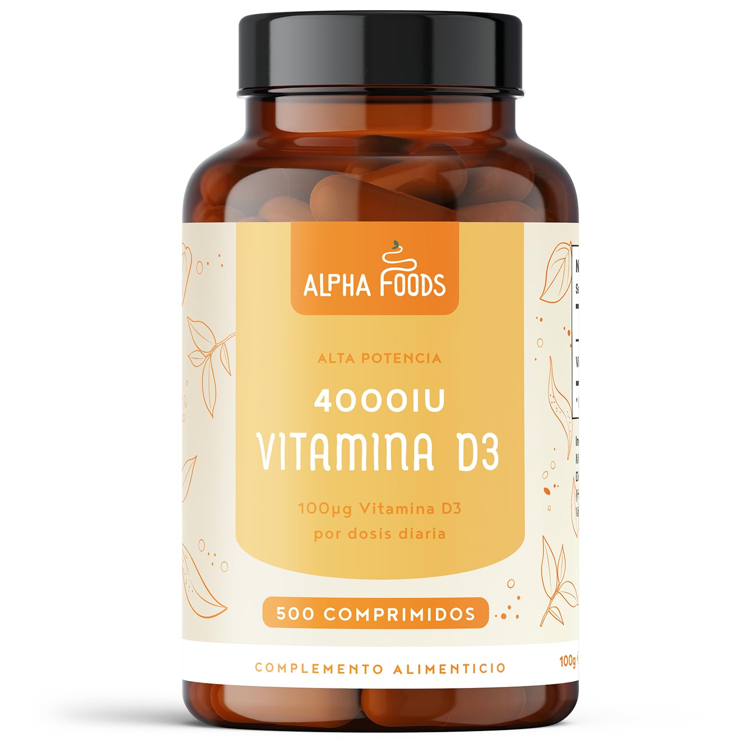 Vitamina D3 4000IU para 16 Meses, 500 Cápsulas. Vitamina D Alta Dosis, Sistema Inmunológico, Huesos y Salud General, Colecalciferol Vegetariano, Sin OGM, Alpha Foods