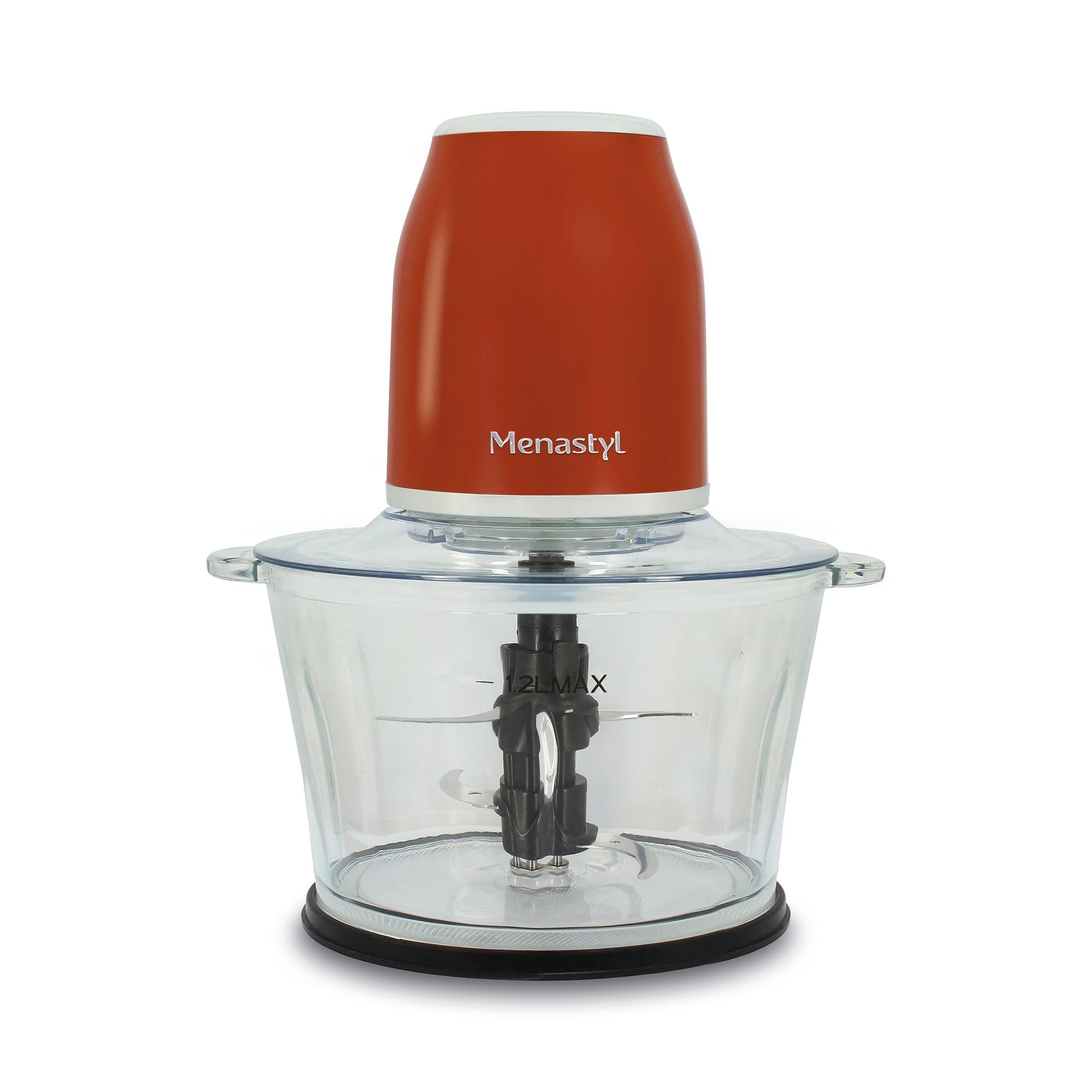 MENASTYL 6025082 - Picadora Eléctrica Retro 1,2 L - Cuenco de Vidrio, Carcasa de Plástico, 500 W, 2 Velocidades, Hacha Carne, Verduras y Hierbas - Trituradora Desmontable, Sistema de Seguridad