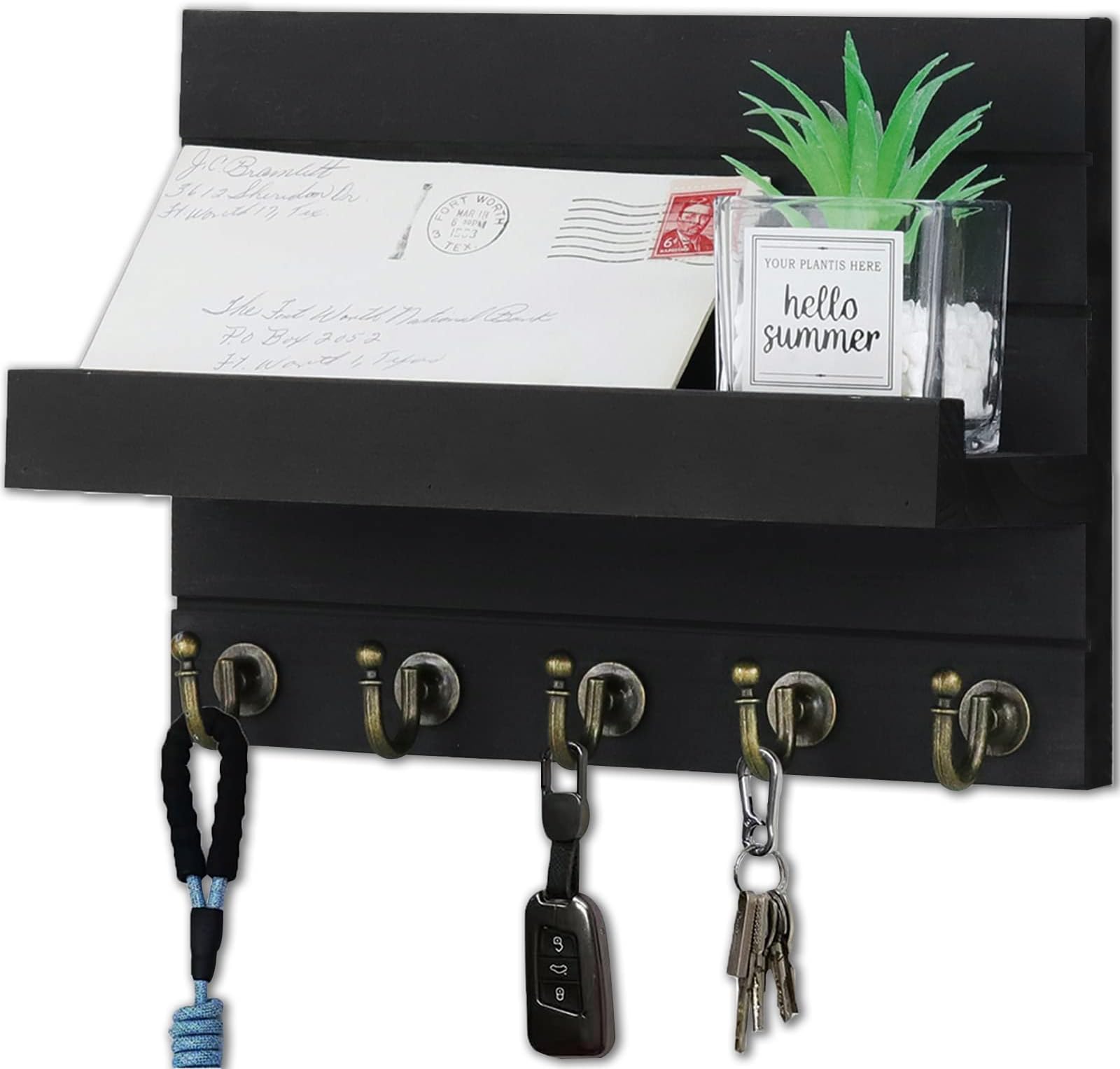 Wood Key Mail Holder Wall-Mounted - Key Holder with 5 Vintage Key Hooks, Key Holder for Wall Decorative, Rustic Key Hanger, Key Rack for Leash, Mail Holder with Shelf for Entryway, Office, Black