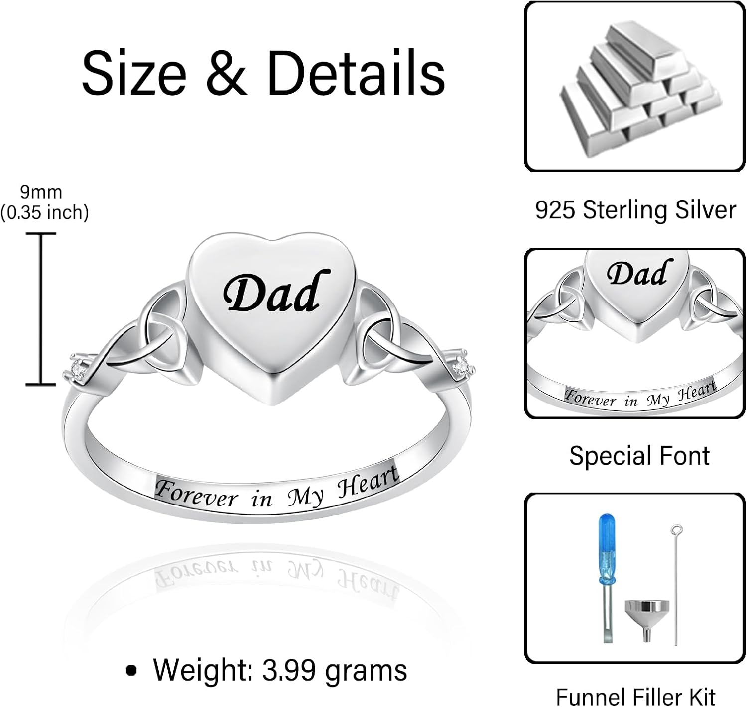 Heart Cremation Ring for Ashes: 925 Sterling Silver Forever in My Heart Carved Urn Keepake Rings Memorial Jewelry for cat and dog 10#