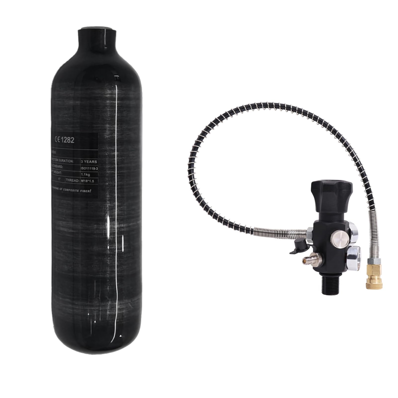TUXING Réservoir d'air en fibre de carbone 1.1L 4500psi (bouteille vide) Paintball poste de remplissage avec deux manomètres jusqu'à 24 pouces tuyau haute pression M18*1,5