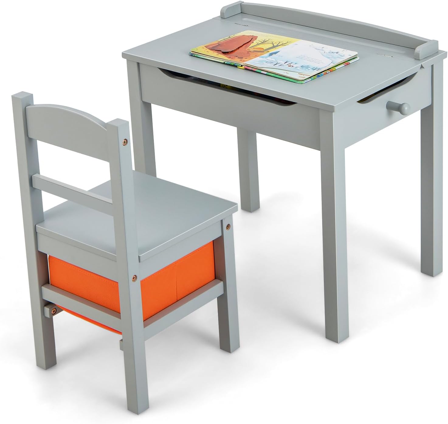 GLACER Lift-top Table & Chair Set for Kids, Children’s Activity Table & Chair Set w/Lift-up Tabletop, Storage Box, Safety Hinge, Schoolbag Hook, Wooden Study Desk & Stool for Toddlers (Grey)