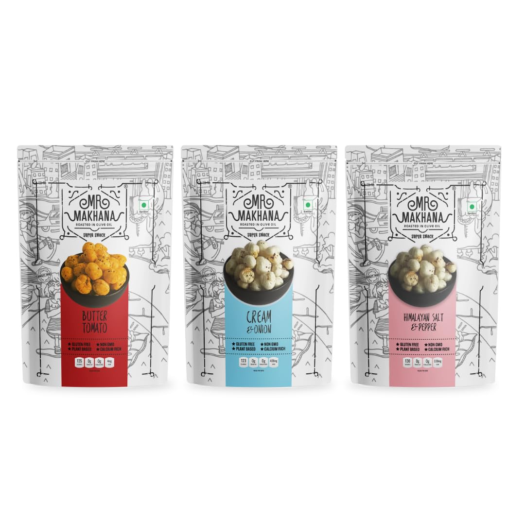 Mr. Makhana Roasted Makhana & Foxnuts : Butter Tomato, Cream & Onion, Himalayan Salt & Pepper (Pack of 3x55 gm) | Gluten Free | MSG Free | Roasted in Olive Oil | Rich Calcium |-image-13