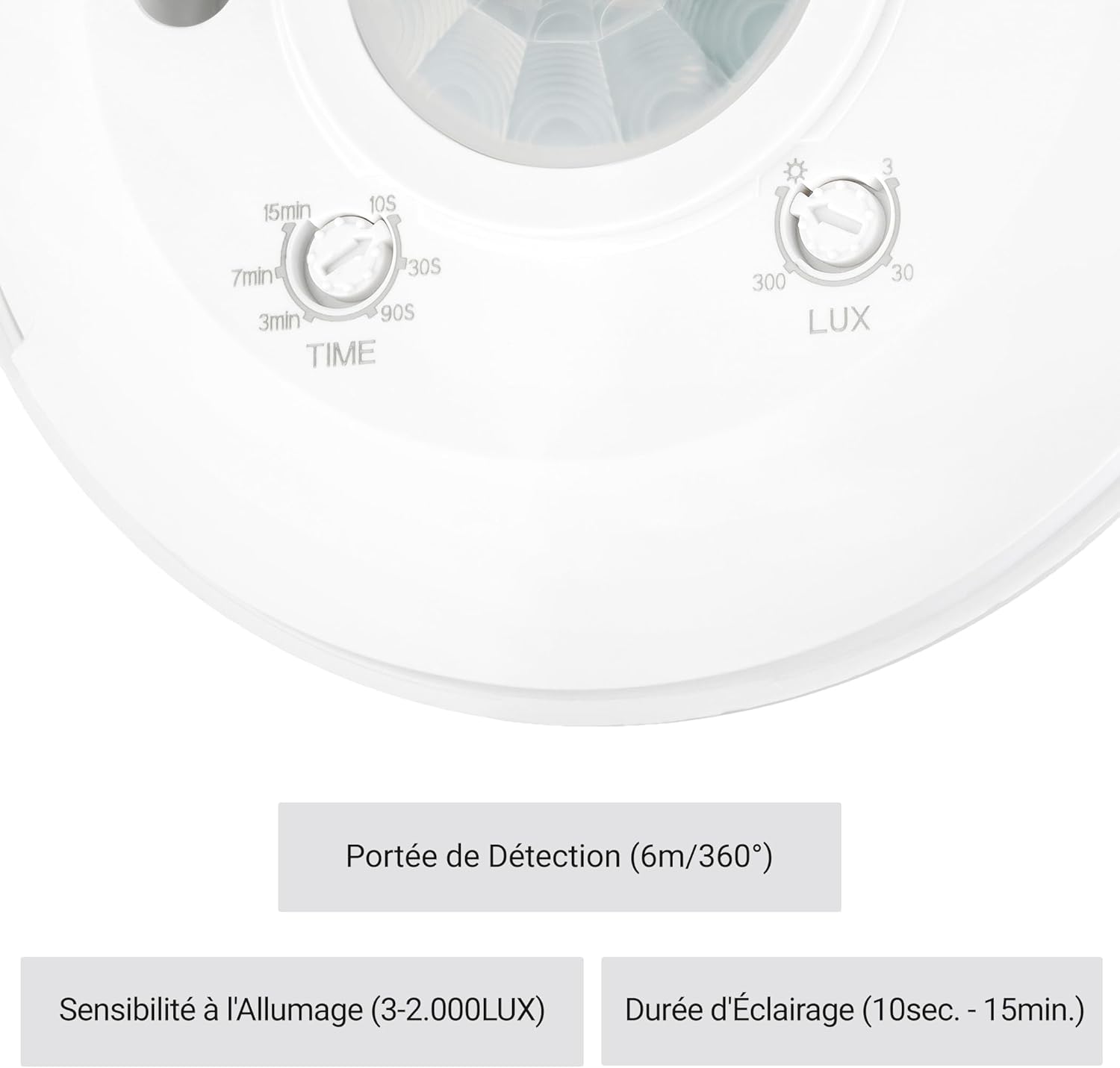 Adjustment dials for time and light sensitivity on the SEBSON motion detector.