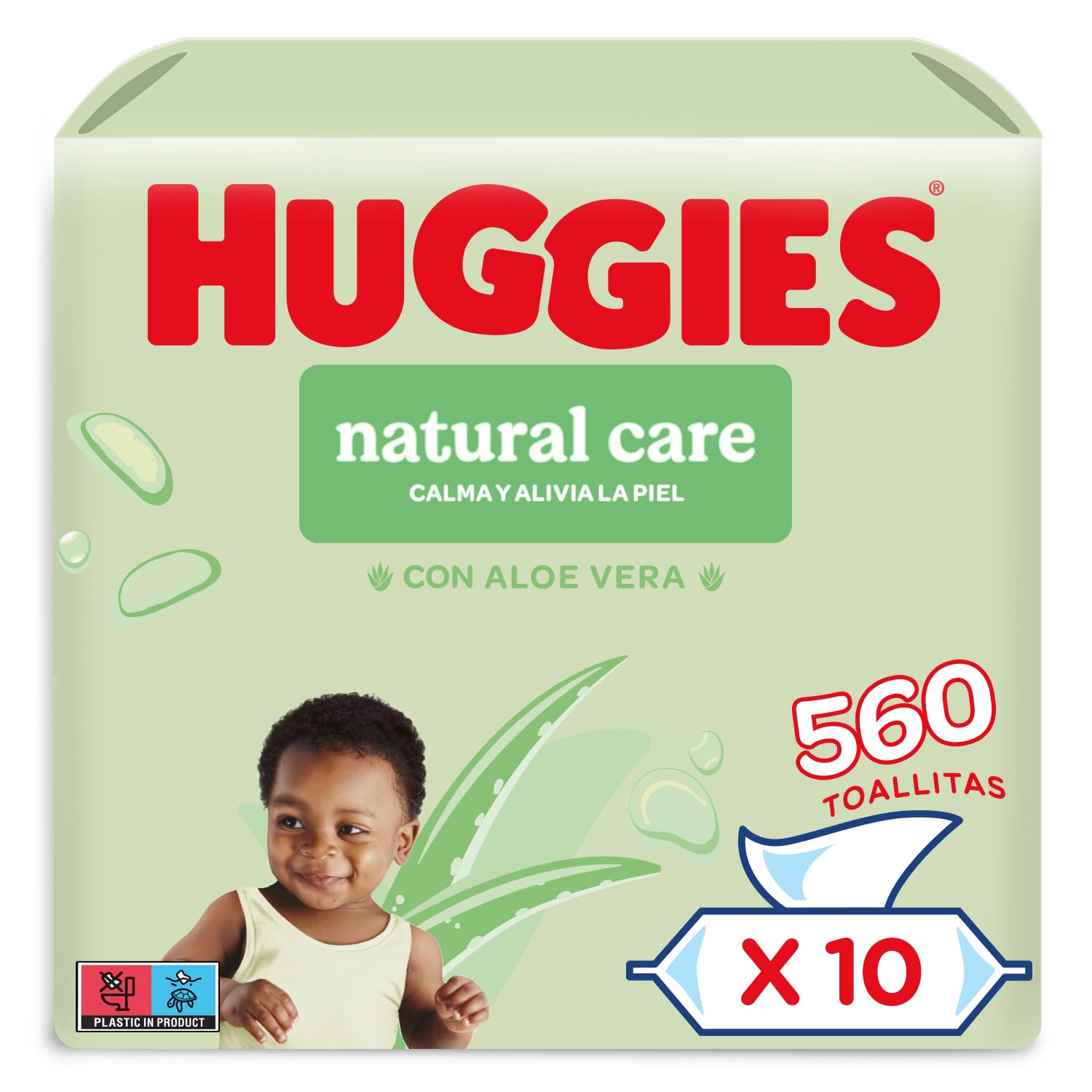 Huggies Natural Care billendoekjes - 560 babydoekjes - 10x56 doekjes - gemaakt met huidverzorgende vezels voor een gezonde huid - billendoekjes verrijkt met Aloë Vera