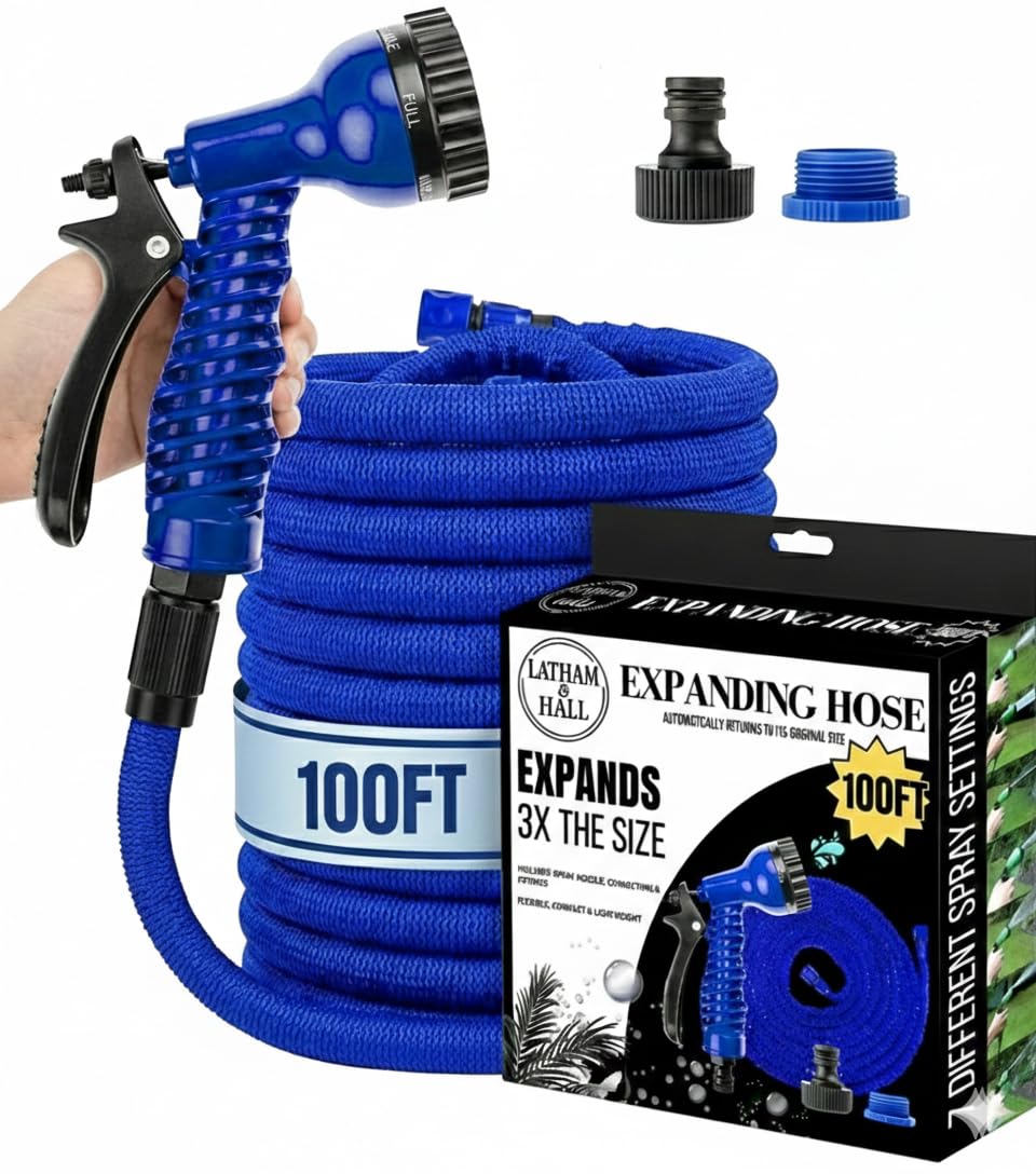 Latham & Hall Blue 100Ft Expanding Garden Hose Pipe – Flexible, Lightweight, Kink-Free Water Hose With Spray Nozzle – Green & (Blue)