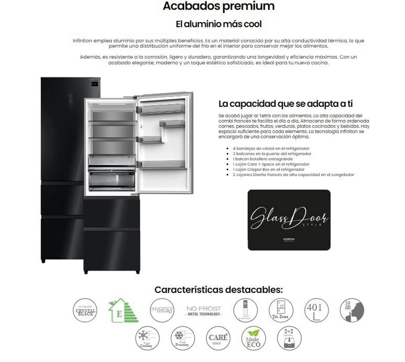INFINITON Frigorifico Francés FRD-401T91, 401 Litros, 190 cm de Altura, E, Técnologia Inverter, Fast Cooling, Fast Freezing, Puerta reversible, Tecnología Care + space (Crystal Black || FRD-401T91NEG)