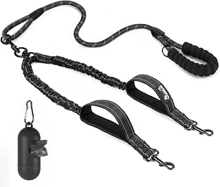 Eyein Doppelleine für 2 Hunde, 360° drehbare verwicklungsfreie Reflektierend Hundeleine mit 4 gepolsterten Griffen, Stoßdämpfendes Gehen Training für kleine mittelgroße Hund von 3 bis 16 kg (Schwarz)