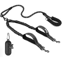 Lukovee Double Dog Leash, Reflective Heavy Duty Lead, No Tangle | Shock Absorbing Bungee, Two Padded Handles for Better Control, Dog Leash Splitter, Free Poop Bag Black,M