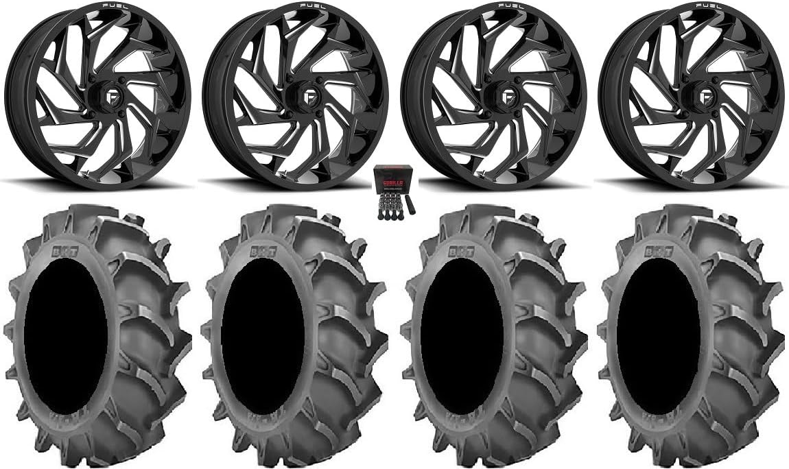 Bundle - 9 Items: Fuel Reaction 20" Wheels Black 35x8.3 BKT 171 Tires [4x156 Bolt Pattern 3/8x24 Lug Kit]