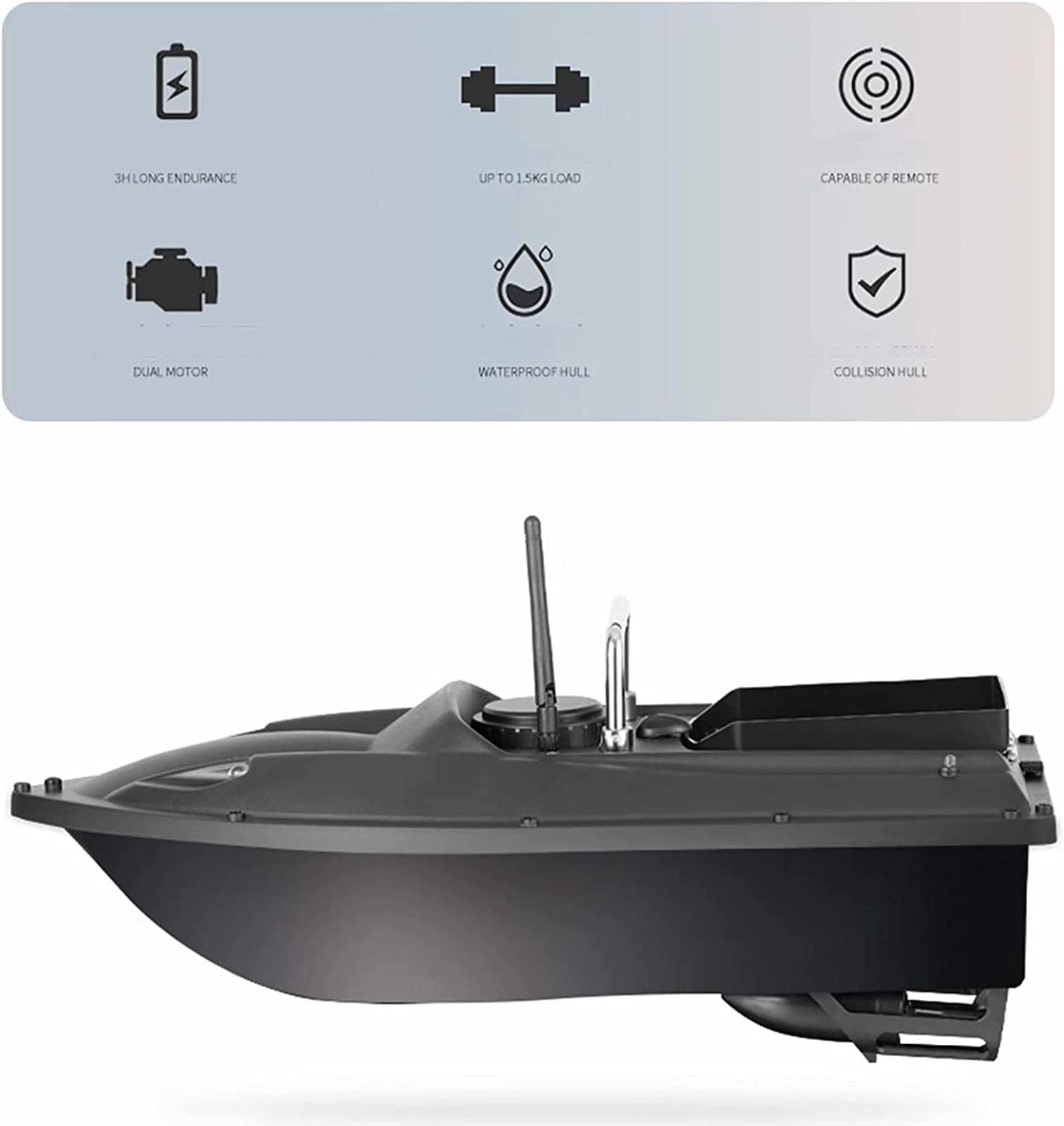 Bateau amorceur détecteur de Poissons - 500M 2,4 GHz Bateau de pêche RC Bateau de pêche télécommandé pour piscines et Lacs, appâts de pêche 1,5 kg