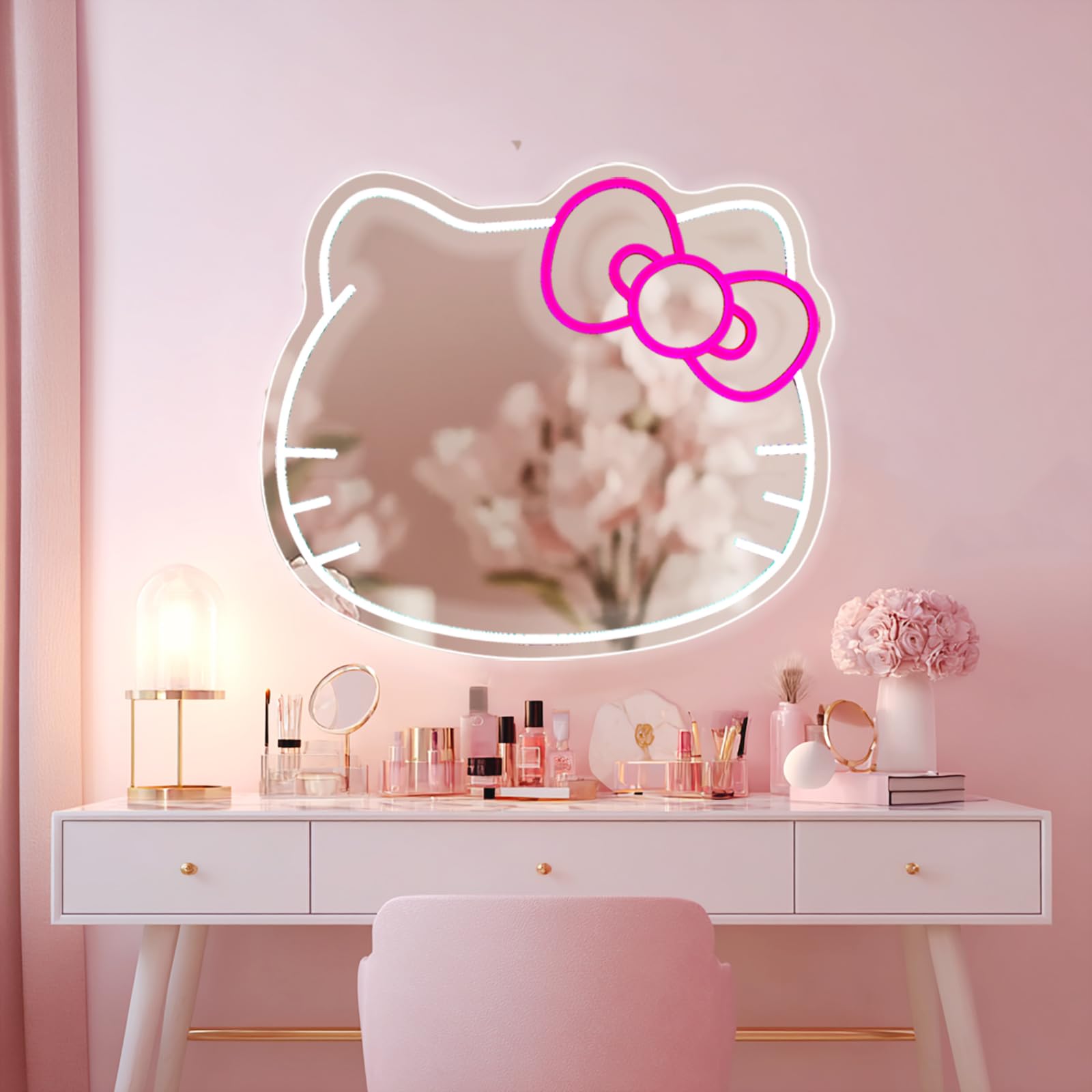 FATMOON Anime Mirror Vanity Neon Sign, Cute Cat with Lights Stuff Room Decor, Dimmable Makeup Mirror for Teen Girl Gift Bedroom Room Decor 15.53 x