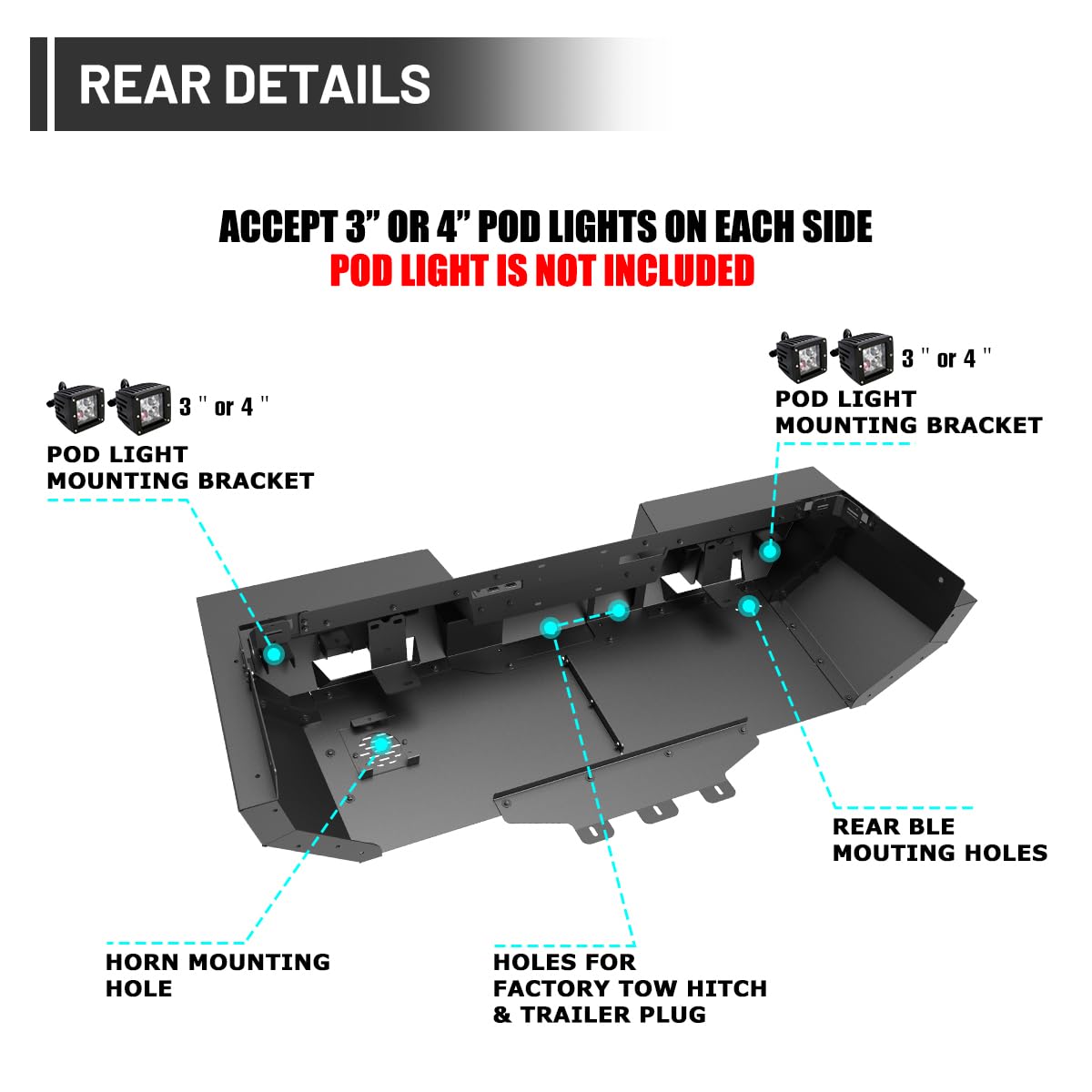 Rear Bumper for 2024 2025 2026 Tesla Cybertruck | Rear Bumper with Non-Slip Stepped PlatformHoles For Factory Tow Hitch & Trailer Plug Mounts & D-Ring and Horn Mounting Hole product thumbnail 8