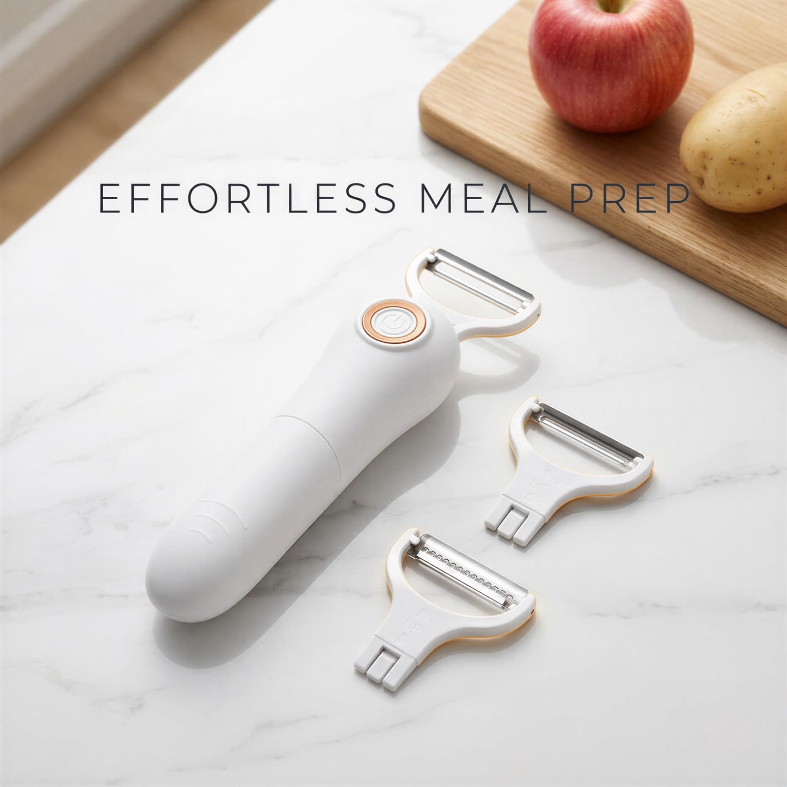 Elektrischer Handschäler, 6,7 in / 17 cm elektrischer Gemüseschäler mit 2 austauschbaren Metallklingen zum Schälen und Julienne, für Kartoffeln, Äpfel, Obst und Gemüse, Weiß und Gold