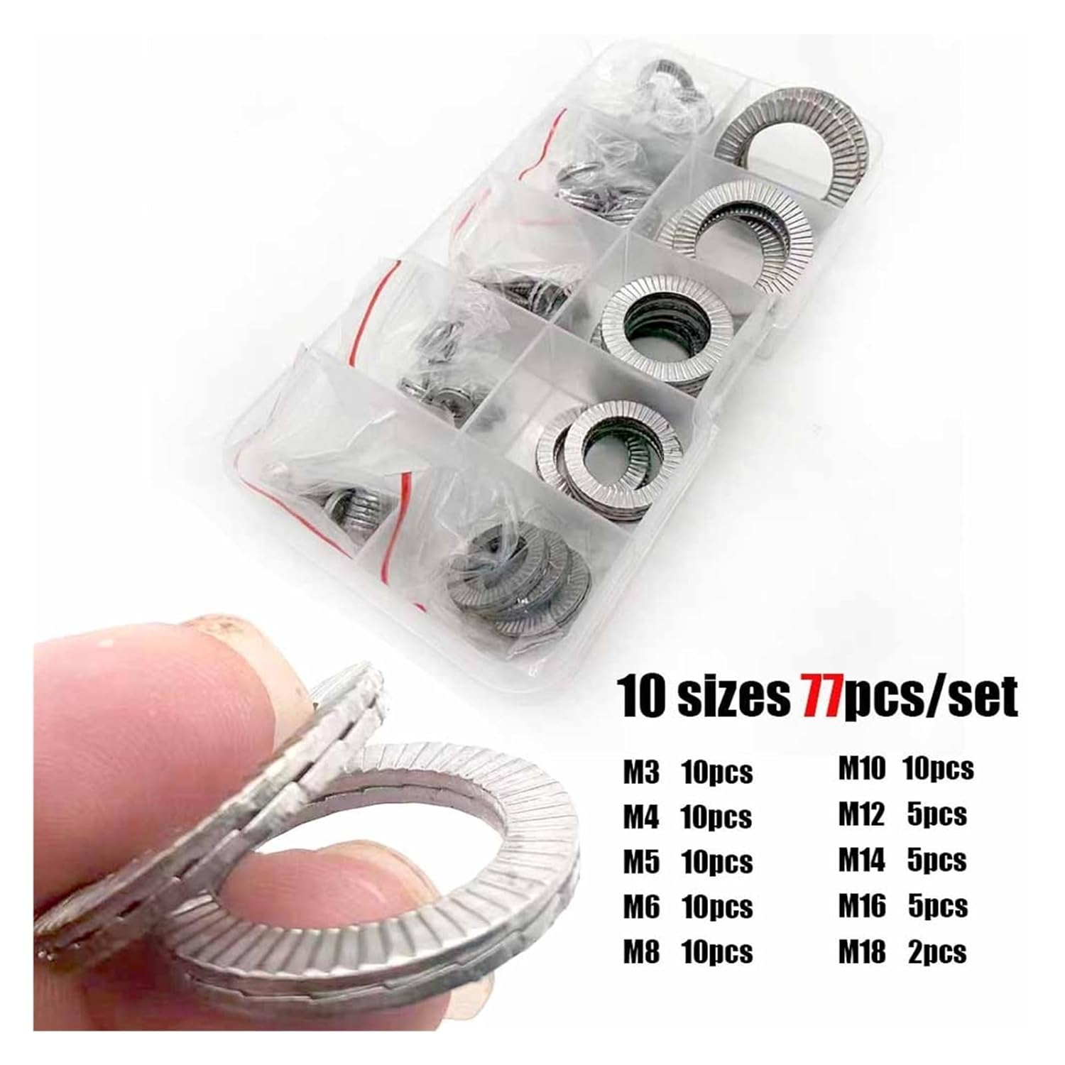 Double Layer self-Locking washers 77pcs/Set M3 to M18 304 Stainless Steel DIN25201 Double Deck Self-Locking Washer