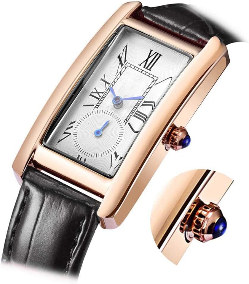 Women Quartz Watch Lady Stylish Rectangle Dress Watch with Leather Strap and Blue Crystal Crown - Image 3