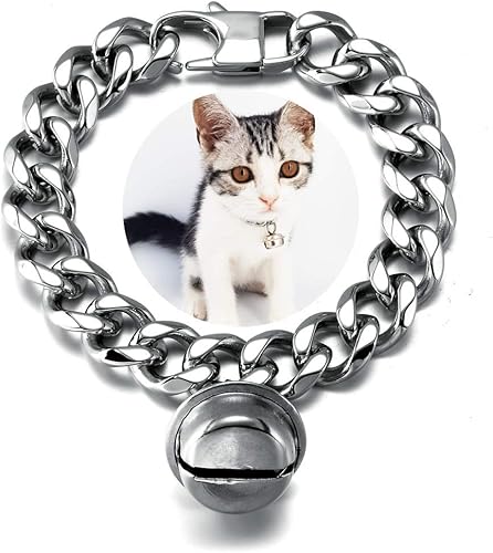 Collar plateado para perro y gato, color blanco, de 12 pulgada de ancho, acero inoxidable, cadena de eslabones cubanos con campana (cuello de 10 a