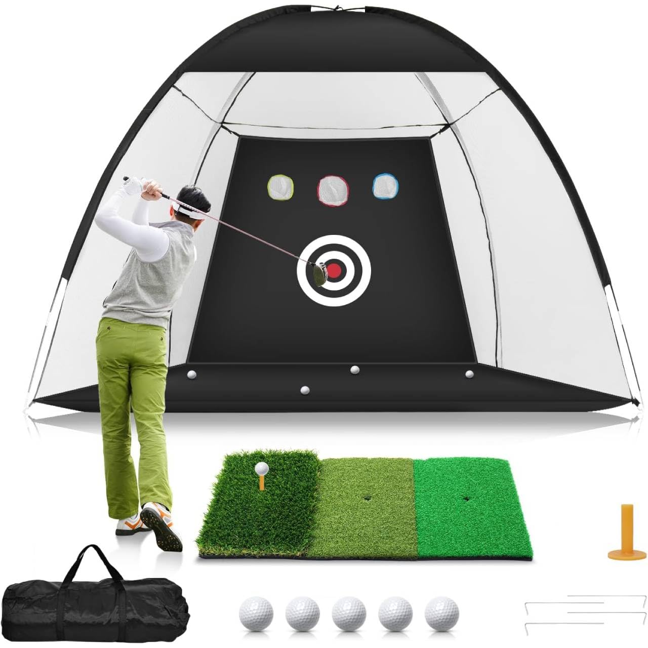 All-in-One Golf Practice Net 10x7ft – Indoor Outdoor Golf Driving & Chipping Net with Tri-Turf Mat, 6 Balls, 3 Rubber Tees, Carry Bag