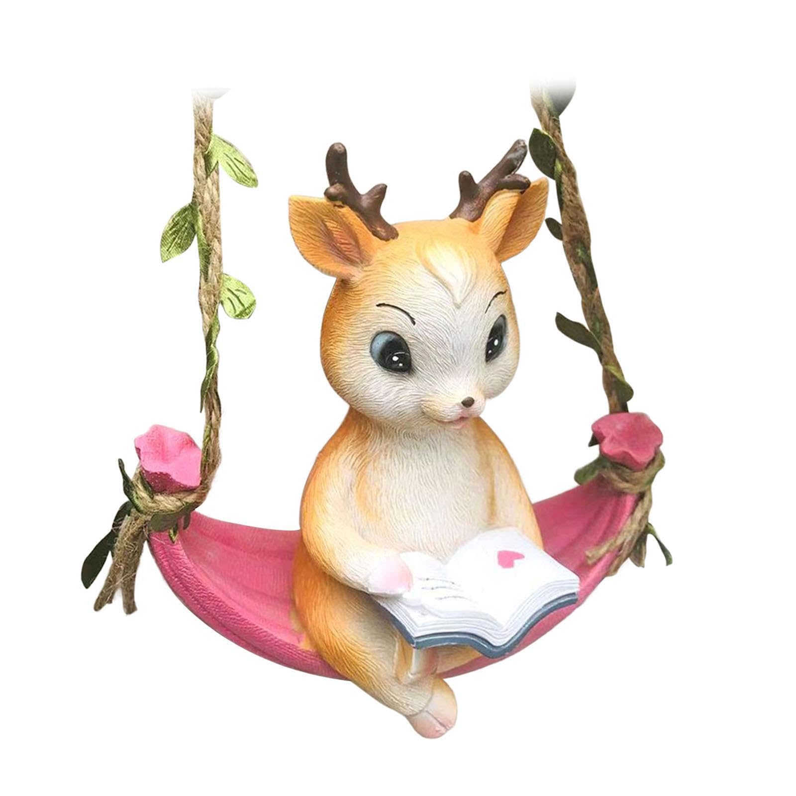 TWISAXC Outdoor Statue Little Deer Reading Book Garden Sculpture Hanging Fawn Deer Ornament Figurine Resin Handmade Beautiful Gift Tree Garden Hanging Decor Decoration Yard Porch