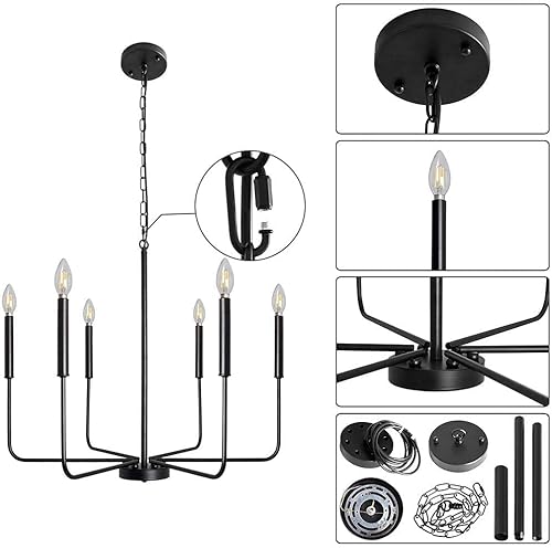 Miniatura 10 de ALISADABOY Candelabro negro de granja para comedor, 6 luces rústicas colgantes para sala de estar, cocina, isla, vestíbulo, entrada, dormitorio,