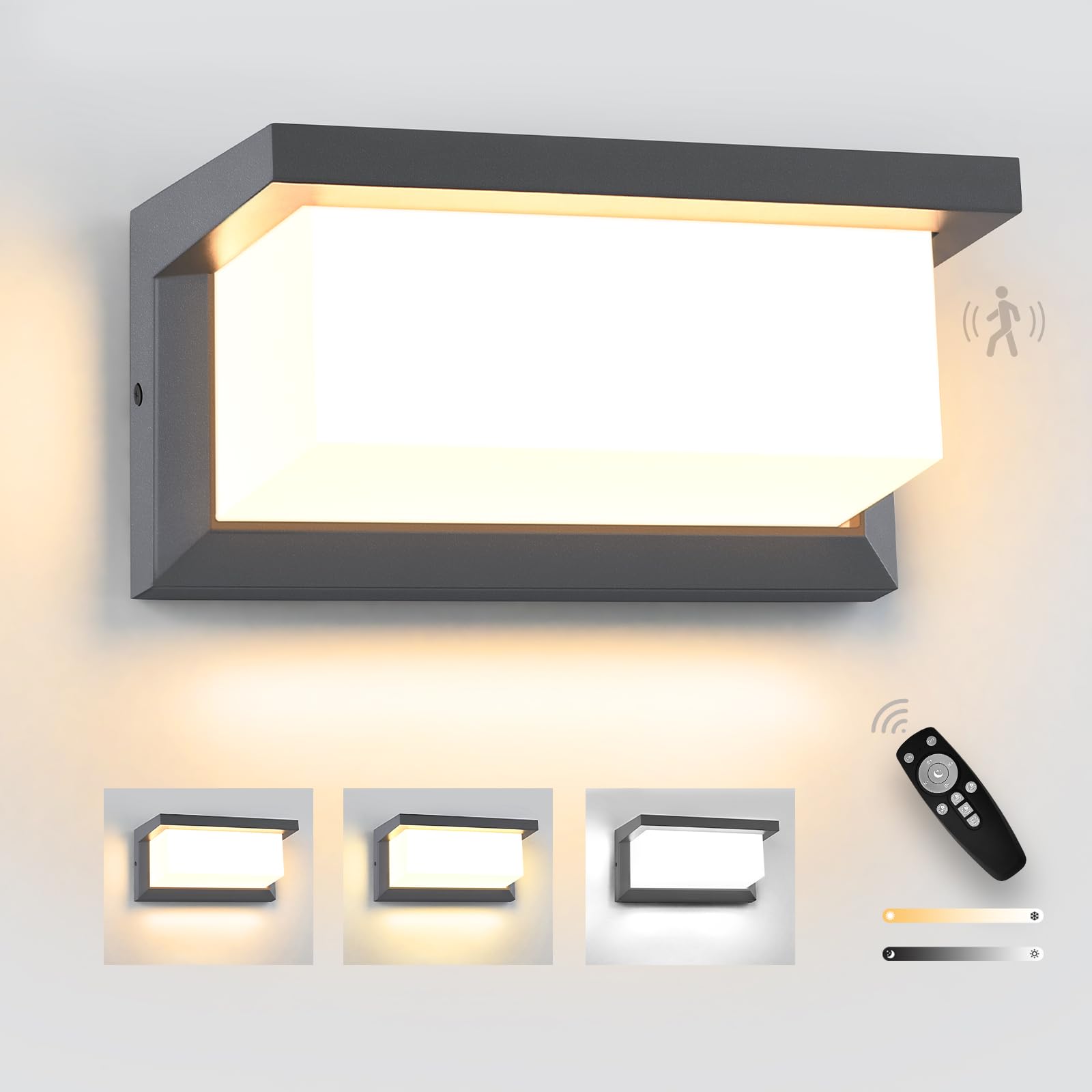 YindaLux Lampada da esterno con sensore di movimento, lampada da parete a LED da 18 W, con telecomando, IP65, impermeabile, moderna, per interni ed esterni, 3000-6500 K, dimmerabile, per giardino