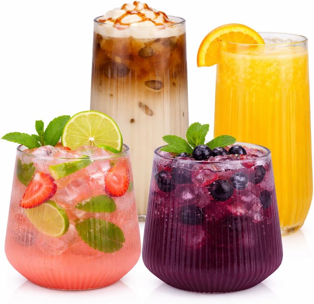 48 Pack Ribbed Origami Ripple Plastic Glasses, 24 9 Ounce Stemless Champagne Flutes & 24 12 Ounce Cups, BPA-Free Disposable Shatterproof Toasting Glasses for Weddings, Bars, and Events (Clear)