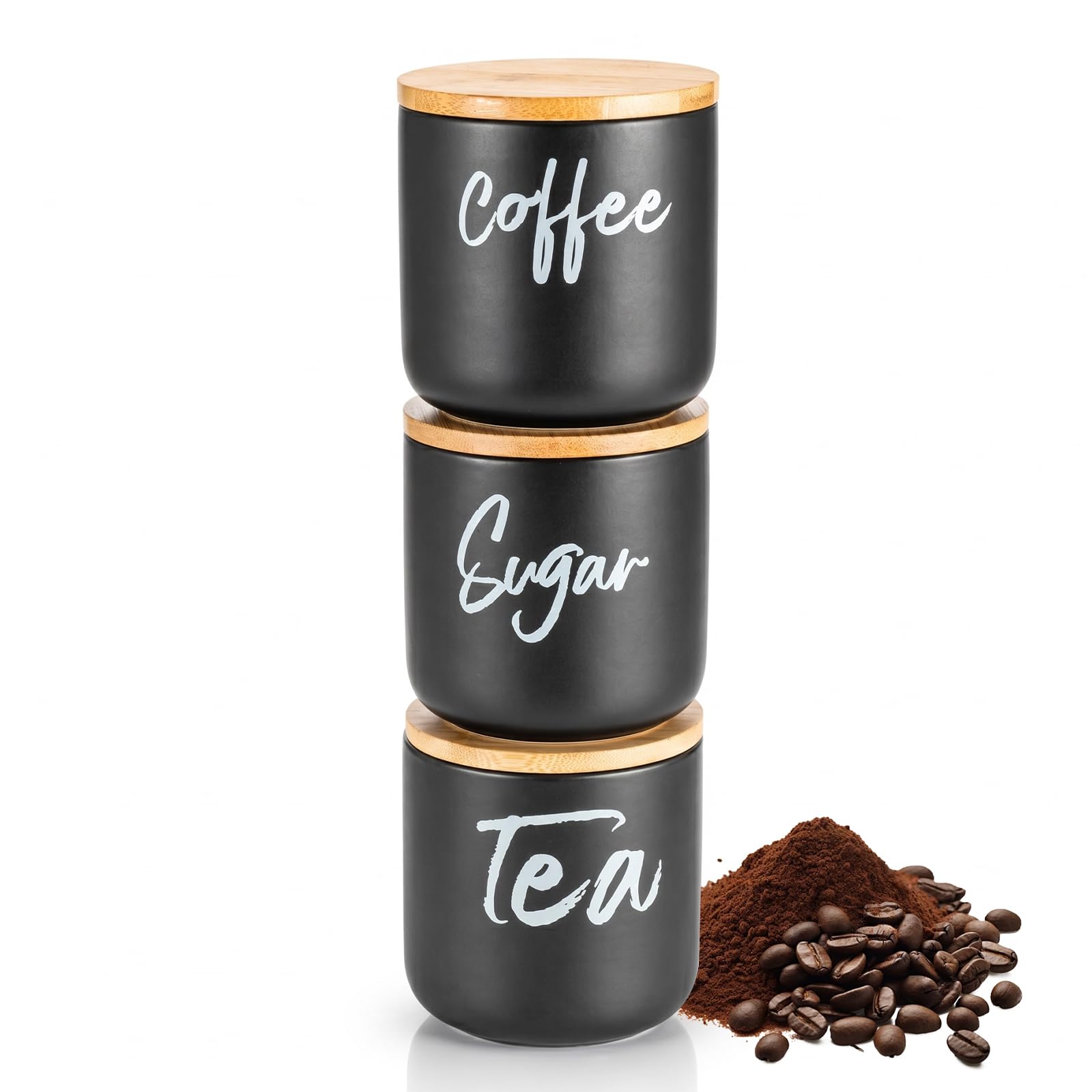 EVERGOODS Storage Jars & Canisters 3-Piece Kitchen Storage Jars with Wooden Lids – Tea, Coffee & Sugar Canisters, Airtight Steel Containers, Stackable Kitchen Storage Tins (Black)