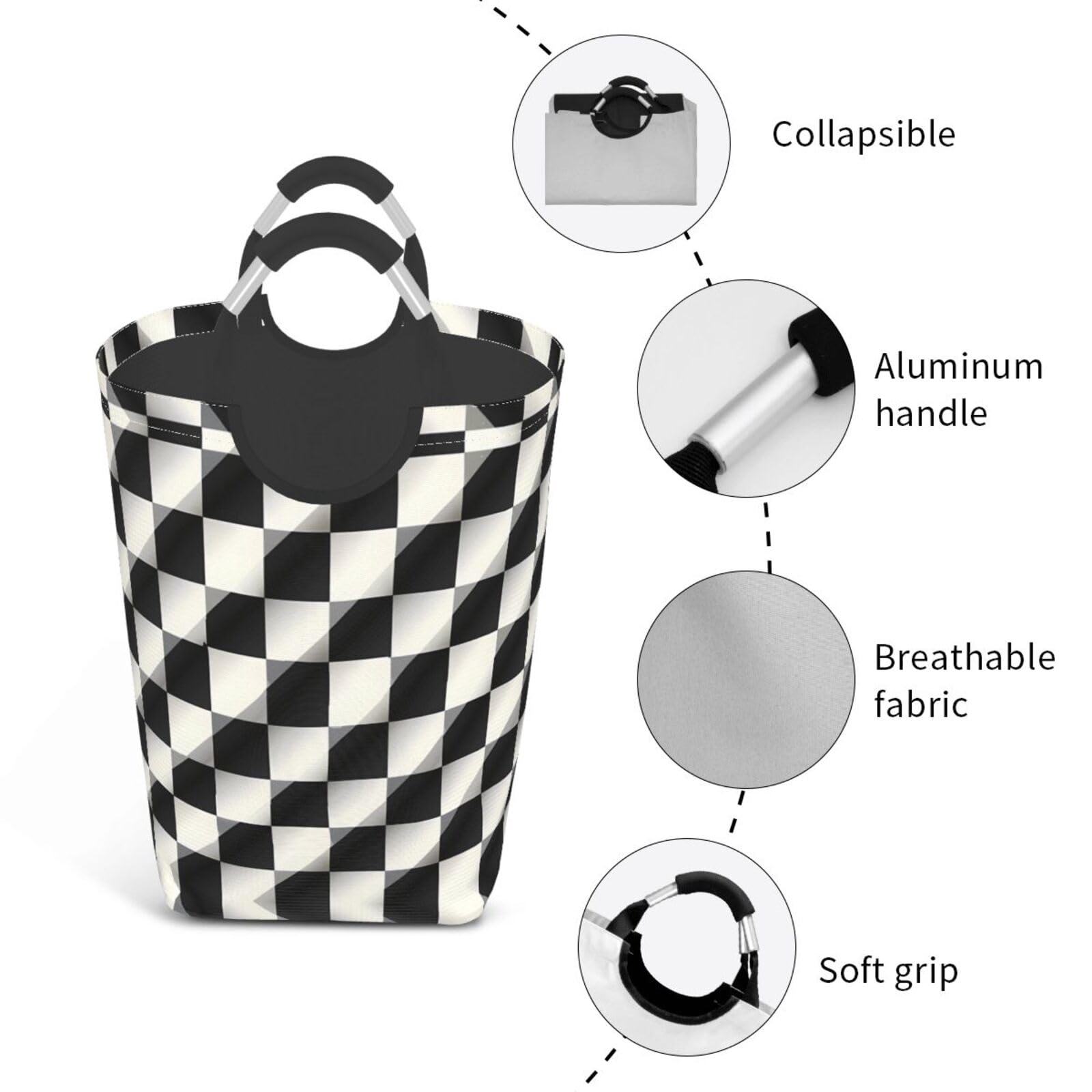 Schwarz-Weiß-Mosaik-Aufbewahrungstasche, quadratisch, 50 l, faltbarer Wäschekorb, geeignet für Waschküche, Schlafsaal, Schlafzimmer
