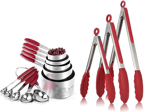 U-Taste Juego de tazas y cucharas medidoras de acero inoxidable 188 y juego de pinzas de cocina de alta resistencia al calor de 600F (rojo)
