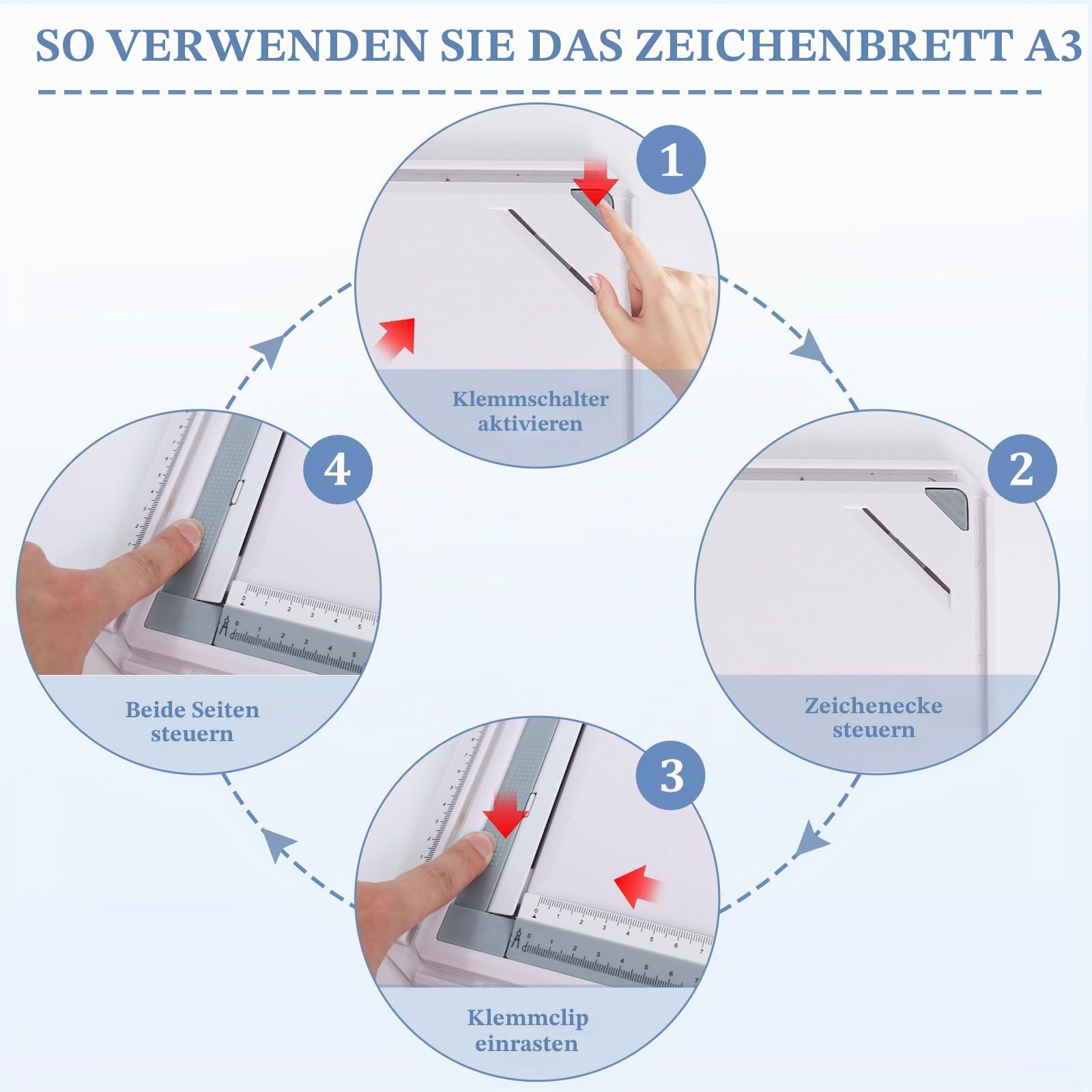 Zeichenbrett 51 x 37 cm, Zeichenplatte DIN A3, Multifunktionales Technisches Zeichnen mit Parallelbewegung und Verstellbarem Winkel, Zubehör für Architekten Ingenieure Lehrer Inklusive Tragetasche