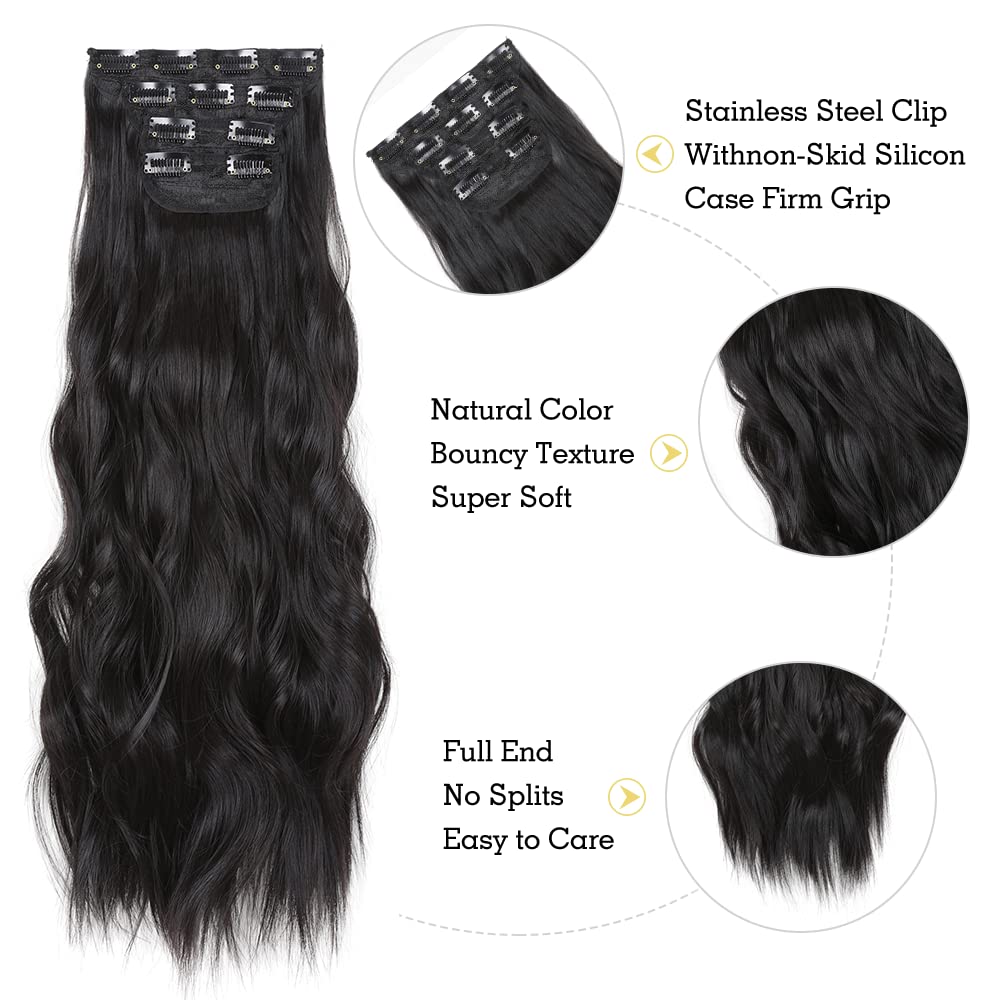 Clip in Hair Extensions Juego de 24 Pulgadas 4 Piezas Rizado Clip de Extensión de Cabello, Piezas de Cabello Para Mujeres YDDM Fibras de Cabello Sintéticas A(1B#)