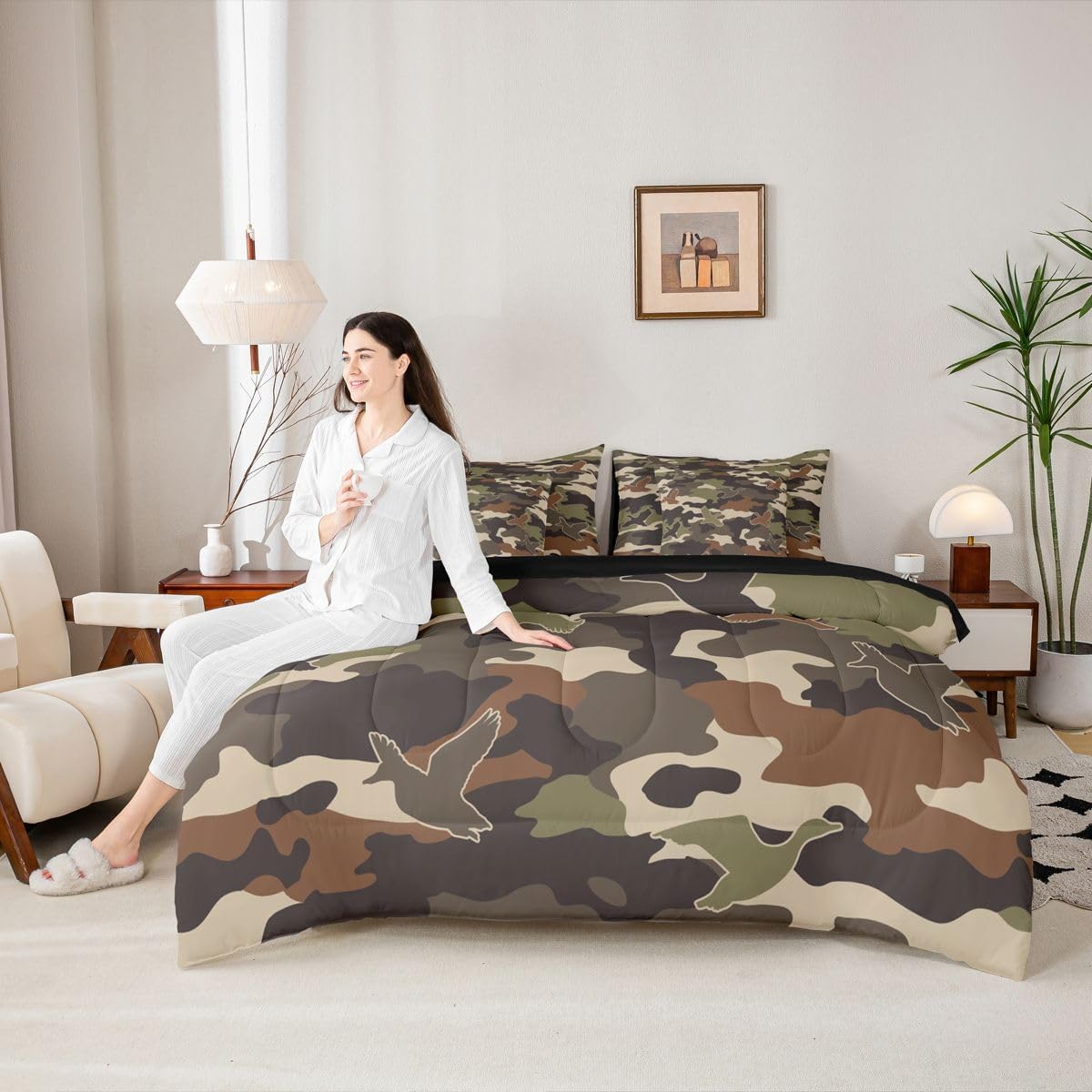 Erosebridal 3D Duck 7 Piece Bedding Set Queen Camo Camouflage Comforter Set with Sheets Green Dark Wildlife Bed in a Bag Flying Animals Hunting Bed Sets Comforter