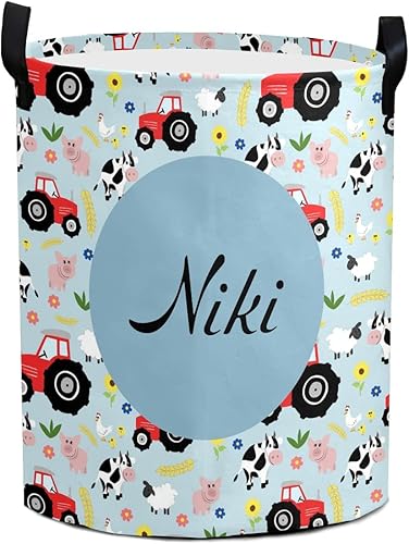 Cesta de lavandería con patrón de tractor de animales de granja, personalizada, con nombre, de lona, impermeable, con asa para niños, cesta de