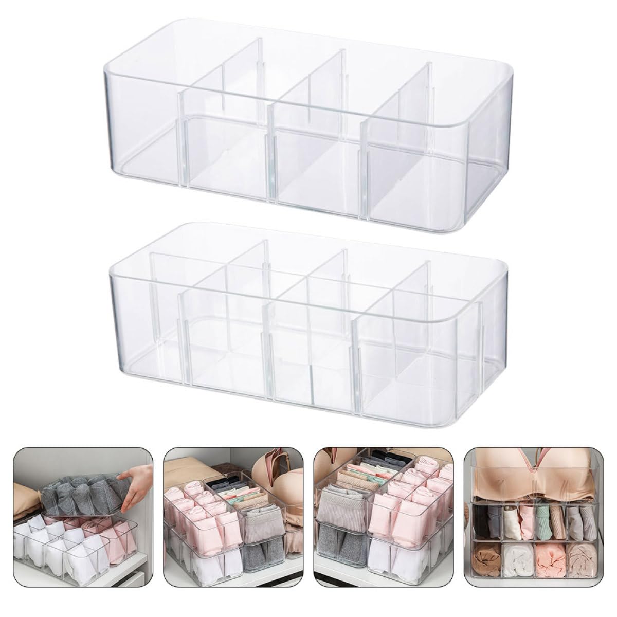 DECHOUS Boîte de Rangement Transparente Couvercle pour-Vêtements et Chaussettes 2 Pièces Organisateur à Plusieurs Compartiments pour Armoire et Dressing 8.2X13X8.2Cm