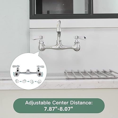 Miniatura 6 de Homevacious Grifo de cocina comercial de 2 manijas para montaje en pared, centro de 8 pulgadas con boquilla giratoria de 360 grados de latón de 16