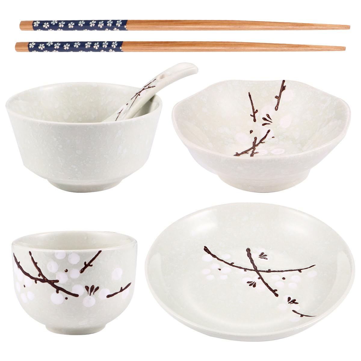 FRCOLOR Ensemble de Vaisselle Japonaise Comprenant Assiette, Bol, Tasse, Plat, Cuillère et 6 Pièces en Céramique pour Repas Quotidiens